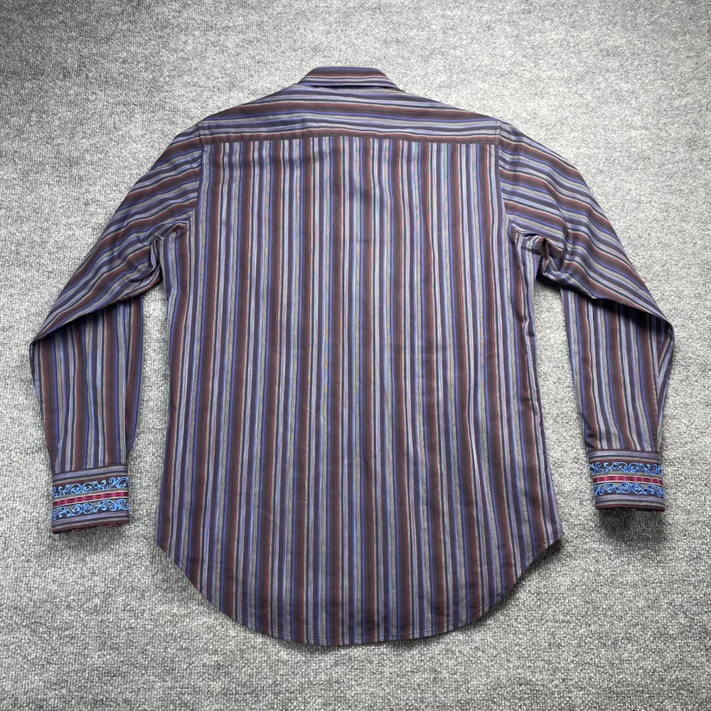 Robert Graham Mens Small Striped Button Down Shirt Embroidered Flip Cuff - Picture 7 of 7